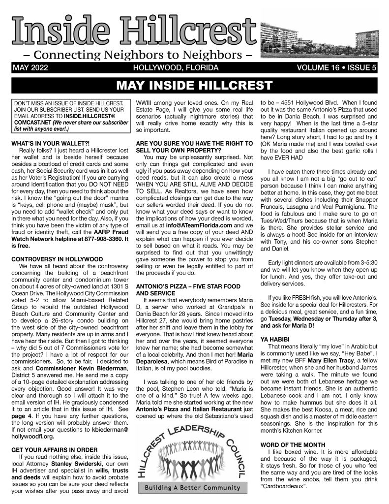 MONTHLY ISSUES Inside Hillcrest Newsletter Hollywood Florida
