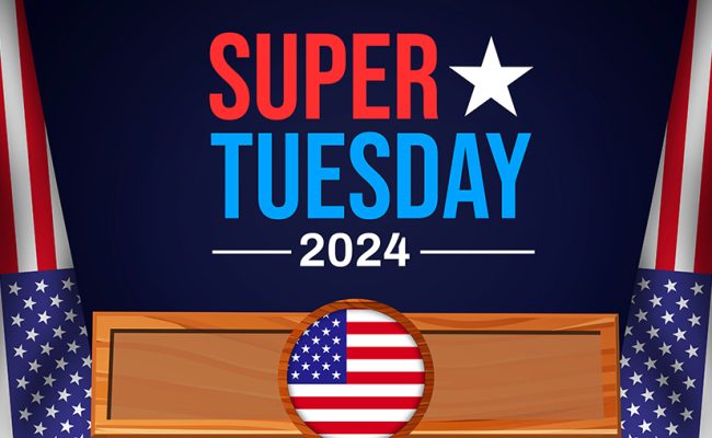 Super Tuesday 2024 Presidential Election background design with patriotic flags and typography in the center. US elections backdrop