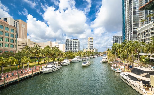 Fort Lauderdale riverwalk and yachts view, south Florida, United States of America